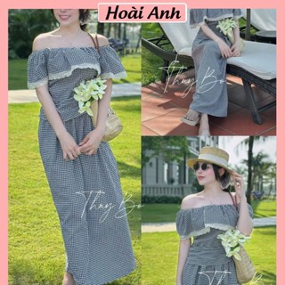 Set Bộ Đồ Nữ Kẻ Caro Đen Trắng Áo Trễ Vai Nhún Rúm Eo Phối Viền Ren Trắng Kèm Chun Tóc Mix Chân Váy Kẻ Dáng Dài