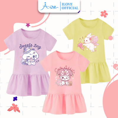 [MỚI] Váy ĐUÔI CÁ cộc tay cho bé gái AORE, Váy in hình chú THỎ MELOLY đáng yêu, chất cotton thoáng mát 8-35kg