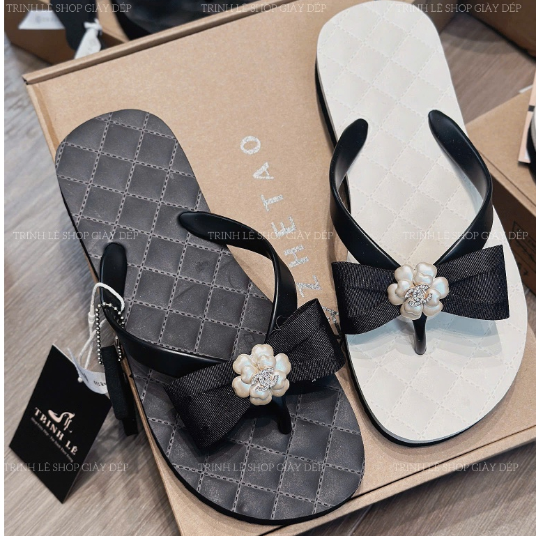 Dép Kẹp Nữ Xỏ Ngón Mũi Tròn Quai Cao Su Đính Nơ Bông Zhetao Đế Cao 3 Phân Thời Trang