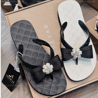 Dép Kẹp Nữ Xỏ Ngón Mũi Tròn Quai Cao Su Đính Nơ Bông Zhetao Đế Cao 3 Phân Thời Trang