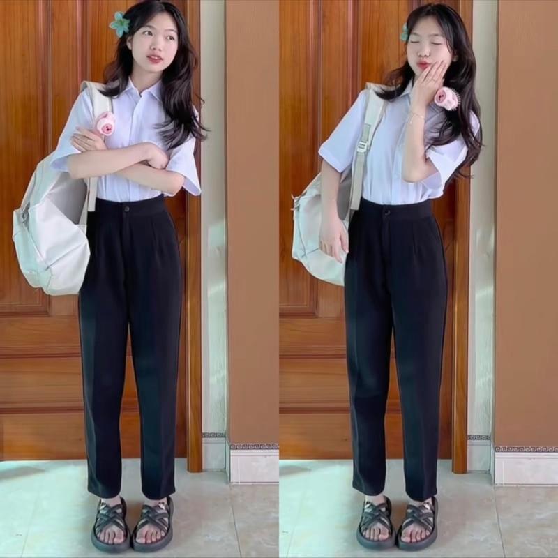 Quần tây nữ đi học lưng cao cạp có đỉa ống đứng suông màu Xanh Đen dáng quần vải baggy học sinh nữ đ