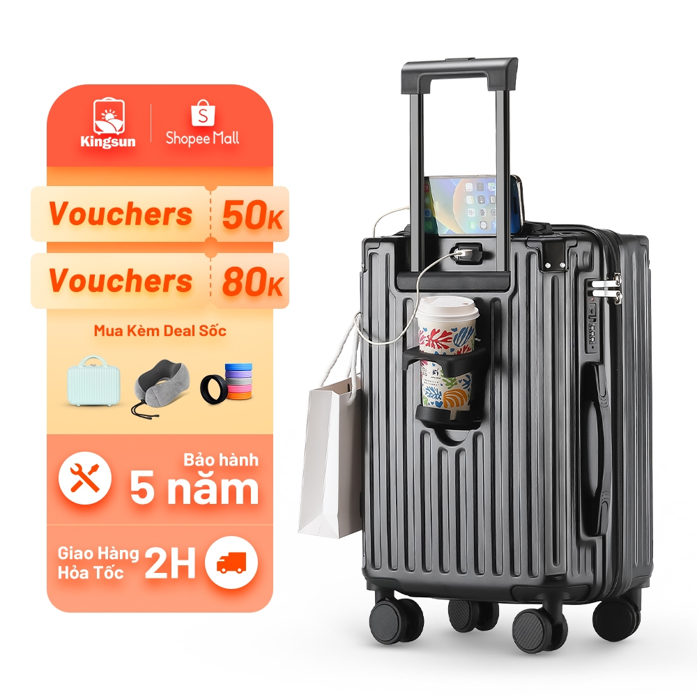 Vali du lịch Kingsun 302 Size 20/24/28 cao cấp cổng sạc USB khay đựng cốc ABS Cao Cấp Bảo Hành 5 Năm