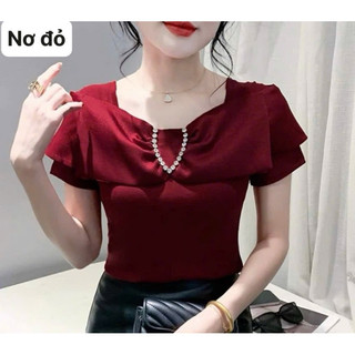  Áo thun cổ vuông phối nơ đính đá mẫu mới 2025 trẻ trung thanh lịch 