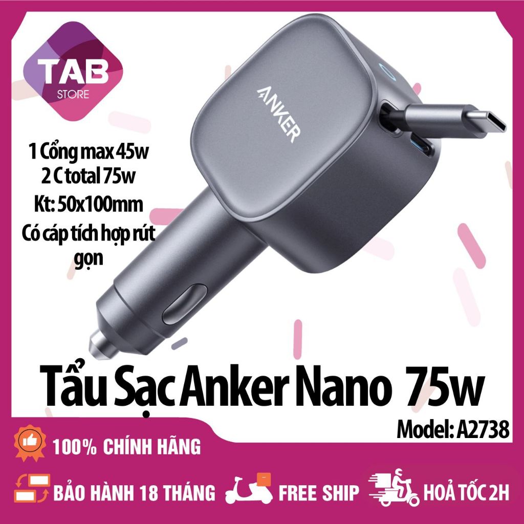 Tẩu Sạc Nhanh Anker 75w 2 Cổng Cáp Tích Hợp Rút Gọn PD/PPS/QC3.0  A2738 - Bảo Hành 18 Tháng