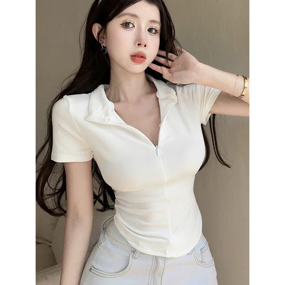 Áo thun polo ngắn tay nữ body kéo khoá , chất tăm gân | BigBuy360 - bigbuy360.vn