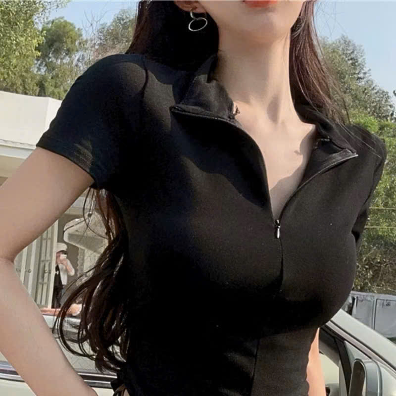 Áo thun polo ngắn tay nữ body kéo khoá , chất tăm gân | BigBuy360 - bigbuy360.vn