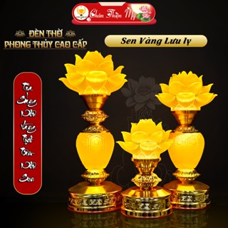 Đèn Thờ Bình Sen Vàng Lưu Ly Cao Cấp CHÂN THIỆN MỸ, Vật Phẩm Tâm Linh Phong Thủy Trang Trí Bàn Thờ