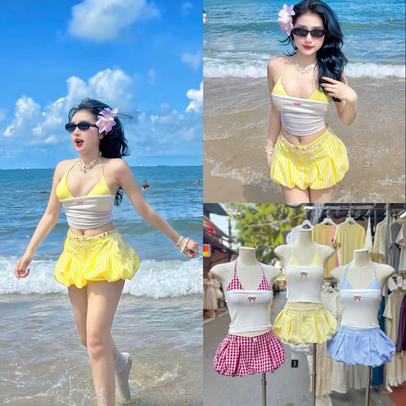 [S2.4072] Set 3 Món Bikini Đi Biển Áo 2 Dây Kẻ Caro Kèm Quây Thêu Nơ Mix Quần Bí Phồng 4 Màu ( áo có mút ngực)