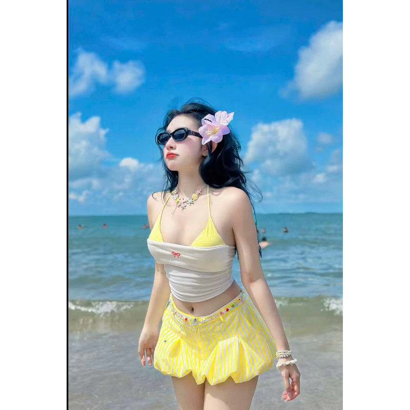 [S2.4072] Set 3 Món Bikini Đi Biển Áo 2 Dây Kẻ Caro Kèm Quây Thêu Nơ Mix Quần Bí Phồng 4 Màu ( áo có mút ngực) | BigBuy360 - bigbuy360.vn