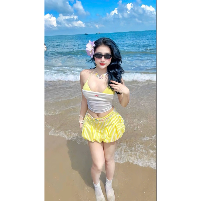 [S2.4072] Set 3 Món Bikini Đi Biển Áo 2 Dây Kẻ Caro Kèm Quây Thêu Nơ Mix Quần Bí Phồng 4 Màu ( áo có mút ngực) | BigBuy360 - bigbuy360.vn