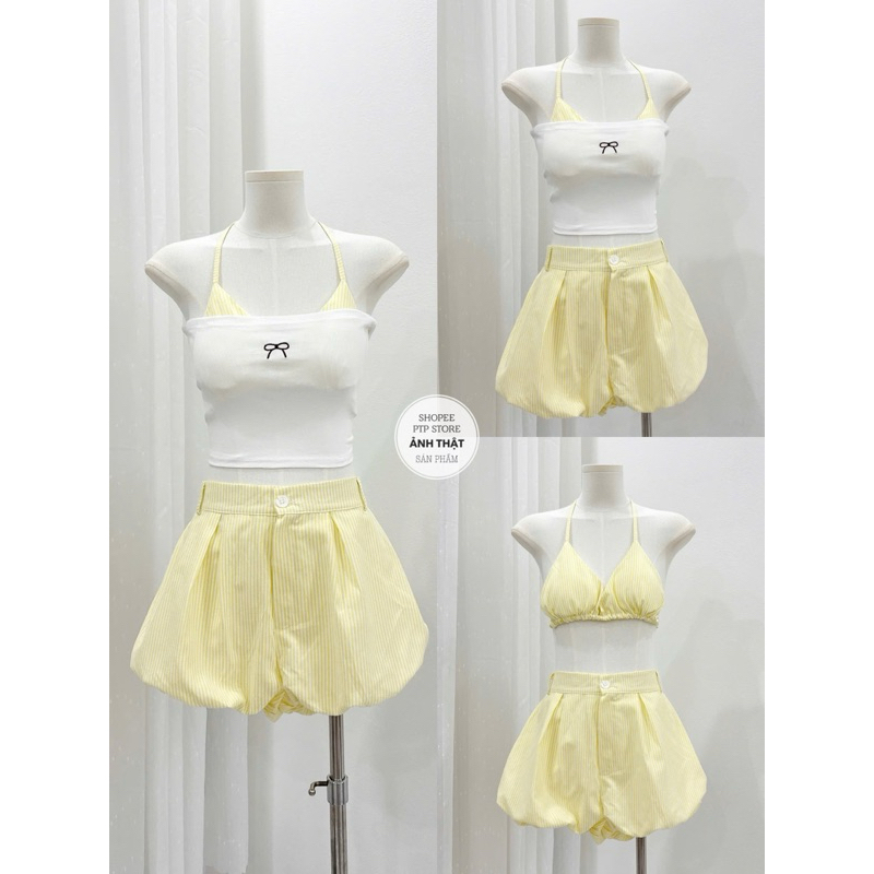 [S2.4072] Set 3 Món Bikini Đi Biển Áo 2 Dây Kẻ Caro Kèm Quây Thêu Nơ Mix Quần Bí Phồng 4 Màu ( áo có mút ngực) | BigBuy360 - bigbuy360.vn