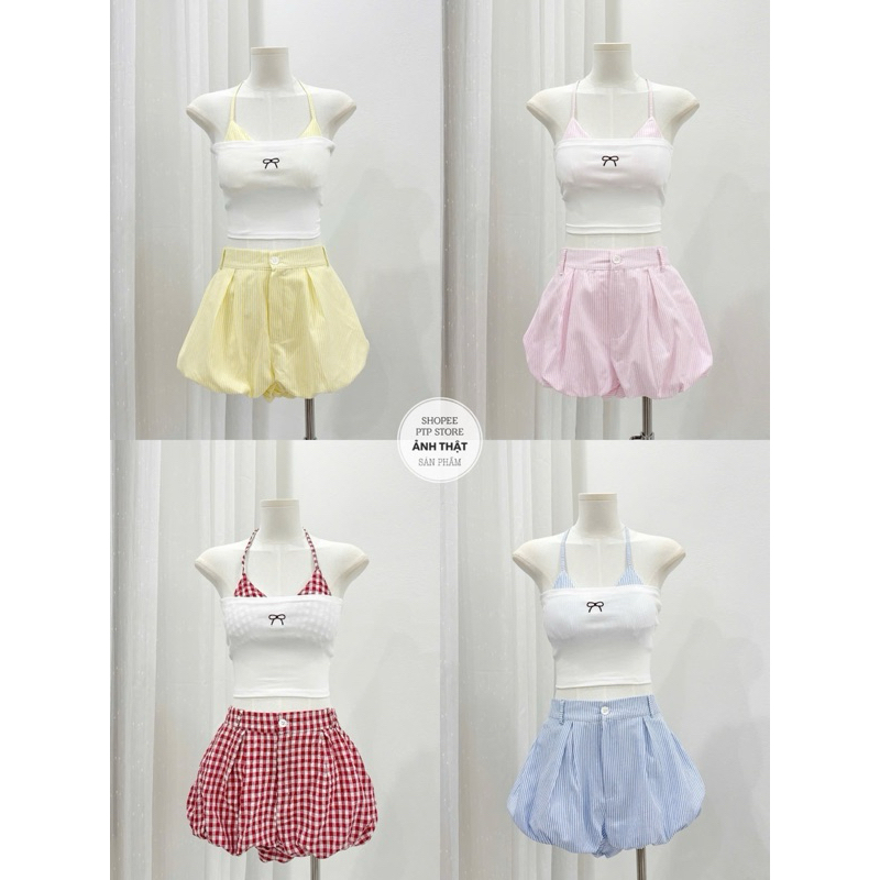[S2.4072] Set 3 Món Bikini Đi Biển Áo 2 Dây Kẻ Caro Kèm Quây Thêu Nơ Mix Quần Bí Phồng 4 Màu ( áo có mút ngực) | BigBuy360 - bigbuy360.vn