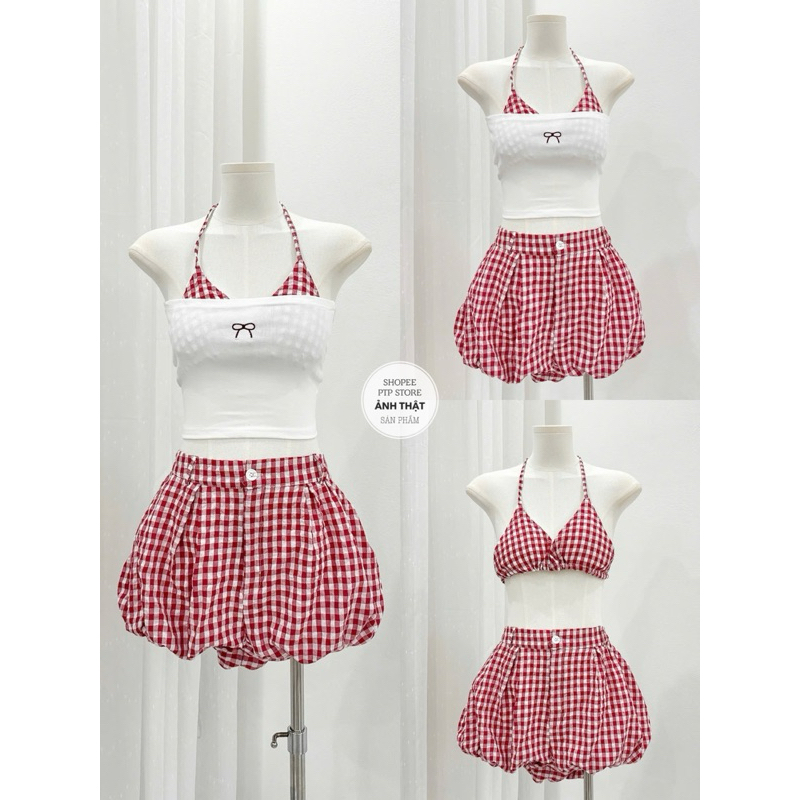 [S2.4072] Set 3 Món Bikini Đi Biển Áo 2 Dây Kẻ Caro Kèm Quây Thêu Nơ Mix Quần Bí Phồng 4 Màu ( áo có mút ngực) | BigBuy360 - bigbuy360.vn
