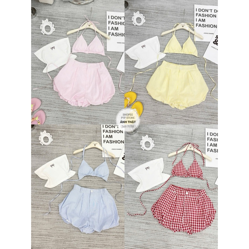 [S2.4072] Set 3 Món Bikini Đi Biển Áo 2 Dây Kẻ Caro Kèm Quây Thêu Nơ Mix Quần Bí Phồng 4 Màu ( áo có mút ngực) | BigBuy360 - bigbuy360.vn