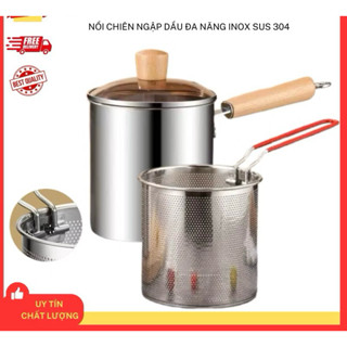 Nồi Chiên Ngập Dầu Inox cao cấp 2in1 Kèm Rổ Chiên Lọc Dầu Nấu Được Bếp Từ, có tay cầm gỗ