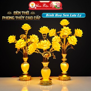 Đèn Bình Hoa Sen Lưu Ly Cao Cấp Có LED CHÂN THIỆN MỸ, Đèn Thờ Phong Thuỷ, Trang Trí Bàn Thờ
