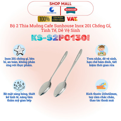 [HỎA TỐC] Bộ 2 thìa muỗng Cafe Sunhouse KS-S2PO130I - Inox 201 chống gỉ, dễ vệ sinh - Hàng chính hãng