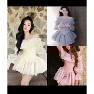 Đầm hotgirl vải tơ cao cấp trễ vai dài tay nhún bèo nhẹ váy ngắn xoè tầng bồng công chúa (có quần) sang trọng