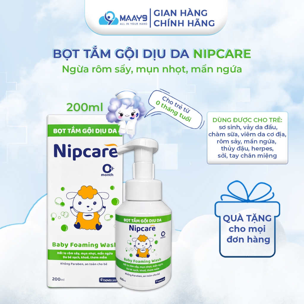 Bọt tắm gội dịu da Nipcare 200ml - sạch da, ng.ừa rôm sảy, mẩn ng.ứa, an toàn cho trẻ từ 1 tháng tuổ