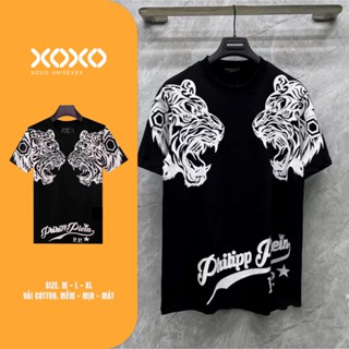 Áo Thun Thêu Đính Đá Hổ Bạc Philip Plein, Chất Liệu Cotton, Hình Thêu Sắc Nét, Phong Cách Cháy Phố