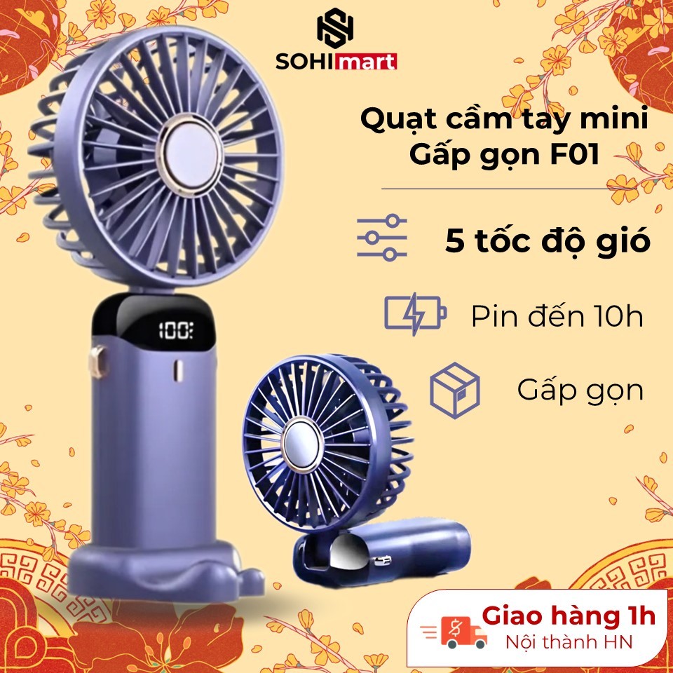 Quạt mini cầm tay F01, quạt gấp gọn mini 5 cấp độ gió, có màn hình LED hiển thị, pin 3000mAh sử dụng nhiều giờ | BigBuy360 - bigbuy360.vn
