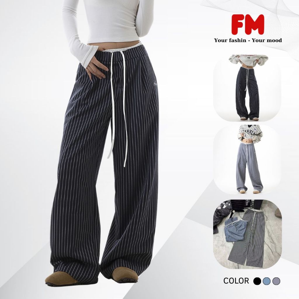 Quần Ống Suông Nữ Kẻ Sọc FMSTYLE Lưng Thun Phối Màu Basic dễ mang dễ phối đồ xinh Freesize 25050923