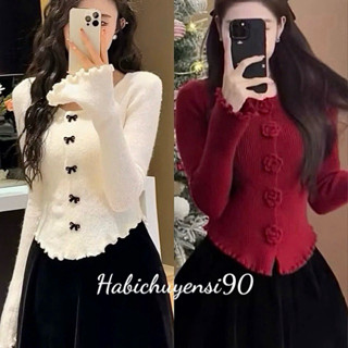  Áo len kiểu  tay dài cúc nơ xinh xắn  chất len QC shop Habichuyensi90 