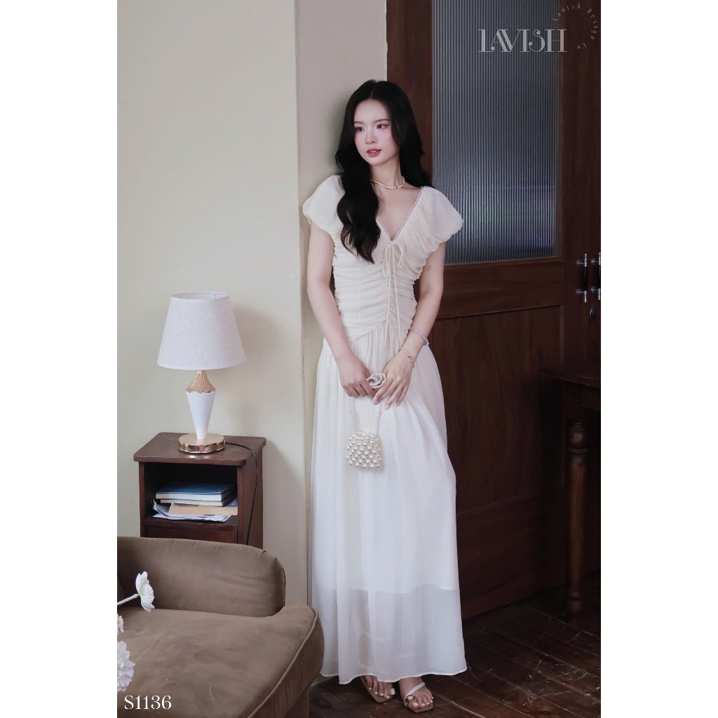 [BST 𝐖𝐡𝐢𝐬𝐩𝐞𝐫] Váy Voan Nhún Bèo Cổ V Thanh Lịch, Thoải Mái, Chất Liệu Cao Cấp, Phù Hợp Nhiều Dịp Lav