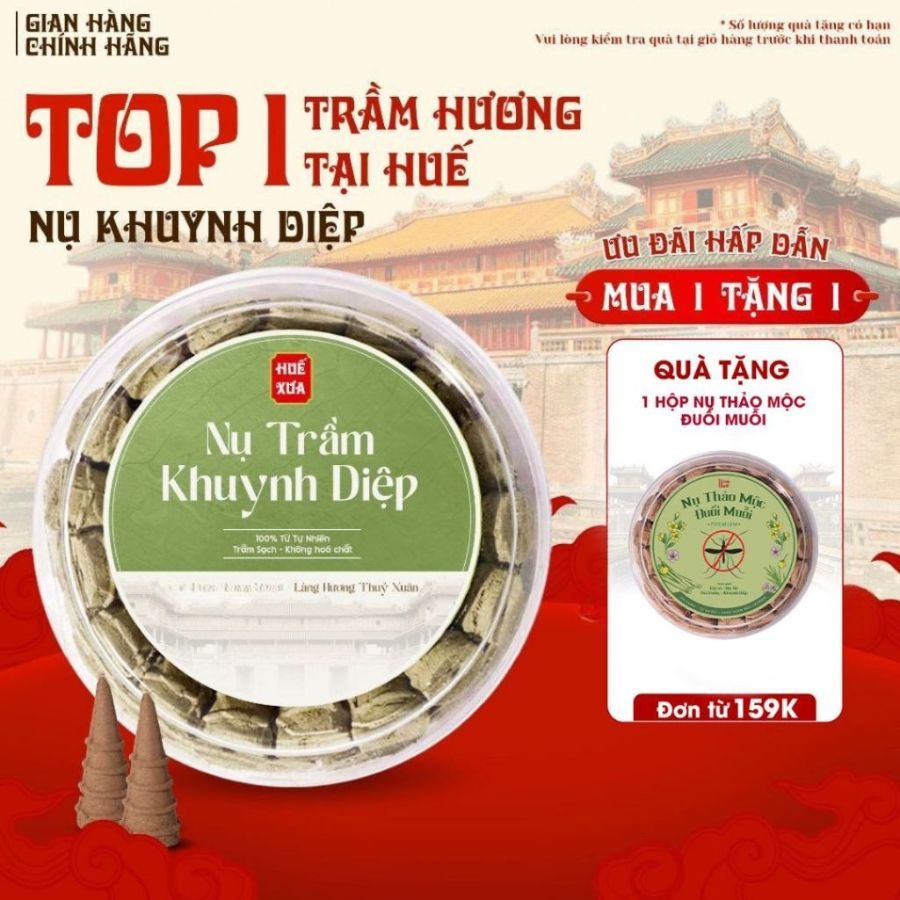 Nhang Nụ Khuynh Diệp Huế Xưa, nhang dùng để lọc không khí, đuổi côn trùng, thơm thanh mát, hộp 41 nụ