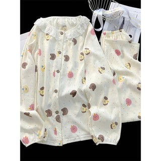 Bộ pyjama nữ dài tay mặc nhà cổ tròn phối ren họa tiết hoạt hình xinh tiểu thư bầu bigsize thu đông 044