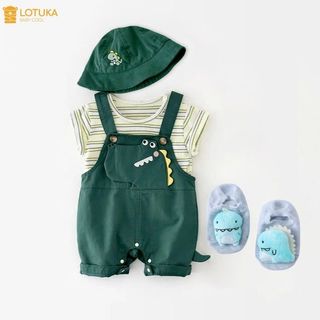 Set Quần Yếm Kaki Khủng Long Kèm Áo LOTUKA Cho Bé Trai Bé Gái, Quần Yếm Cho Bé, Quần Áo Trẻ Em Size 3-12kg