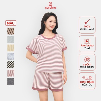 Bộ đồ nữ Cardina chất cotton họa tiết kẻ phối áo cộc, quần đùi basic trẻ trung 5BCN14