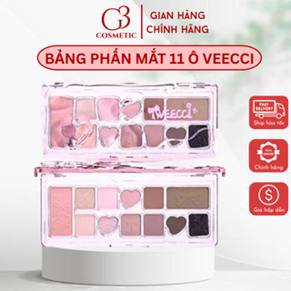 Bảng phấn mắt VEECCI 11 ô trái tim Ballet nơ lụa hồng đen trang điểm bền màu lâu trôi kèm mút vệ sinh cọ G3COSMETICS