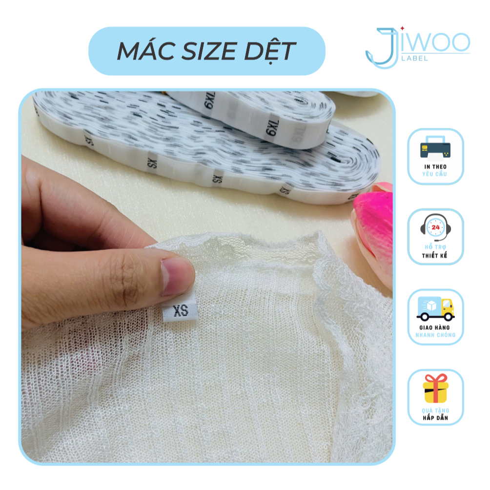 500 Mác size S,M ,L ,XL ,2XL đến 7XL, Mác size dệt sẵn màu Trắng, mác gắn size quần áo