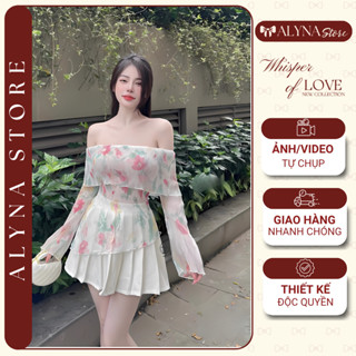 Áo trễ vai hoa nhí voan tơ nữ tay dài dáng ôm body tiểu thư bánh bèo ulzzang Hàn QuốC ALYNA