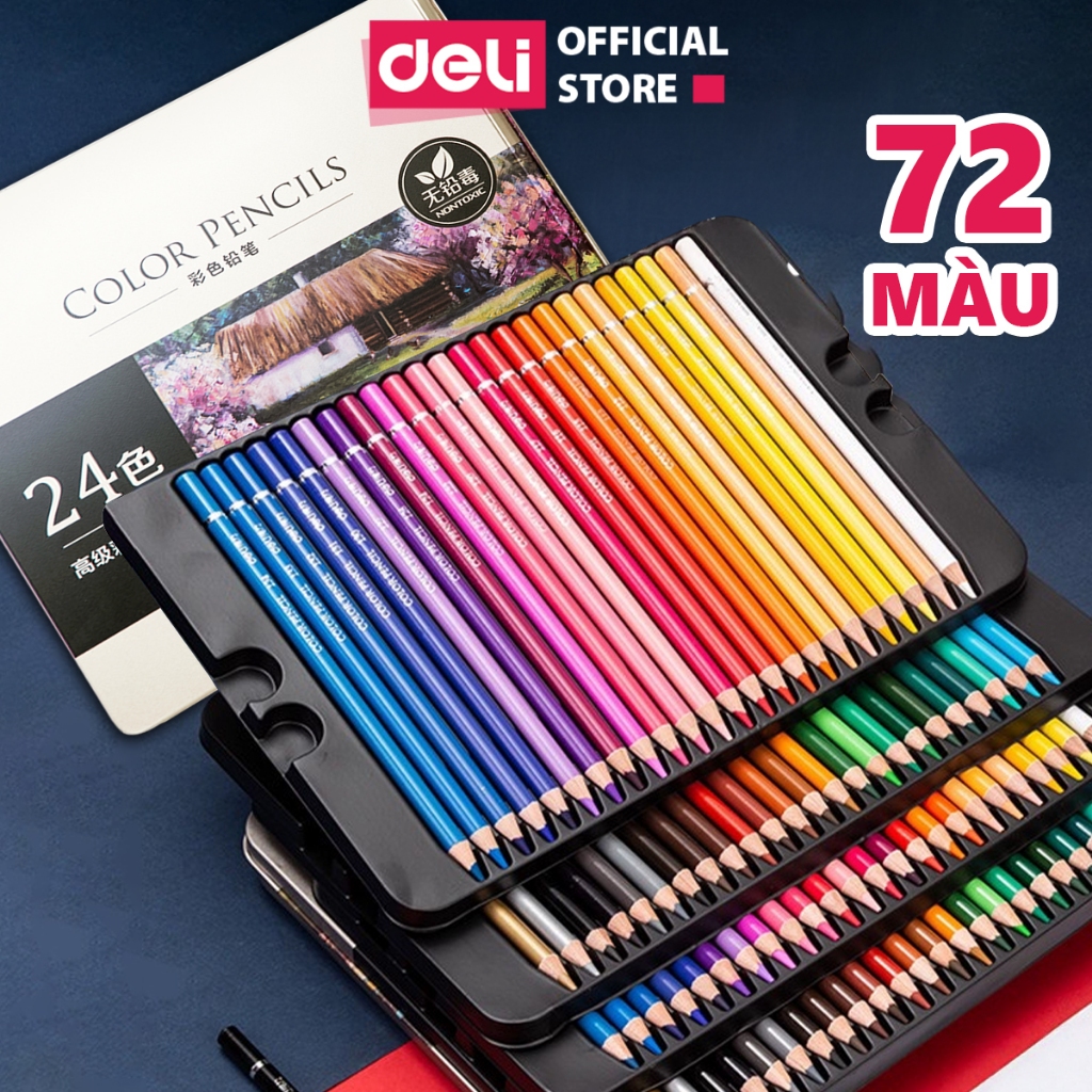 [HỌA CỤ DELI] Bút Chì Màu Hộp Thiếc 72 Màu Gốc Dầu/Gốc Nước Cao Cấp Deli Màu Đậm Vẽ Tranh Tô Màu Thi