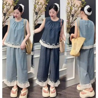 Set bộ nữ thiết kế, set JEAN/ DENIM áo ba lỗ phối quần suông viền ren đính nơ 2 màu cá tính, năng động cho nàng đi chơi