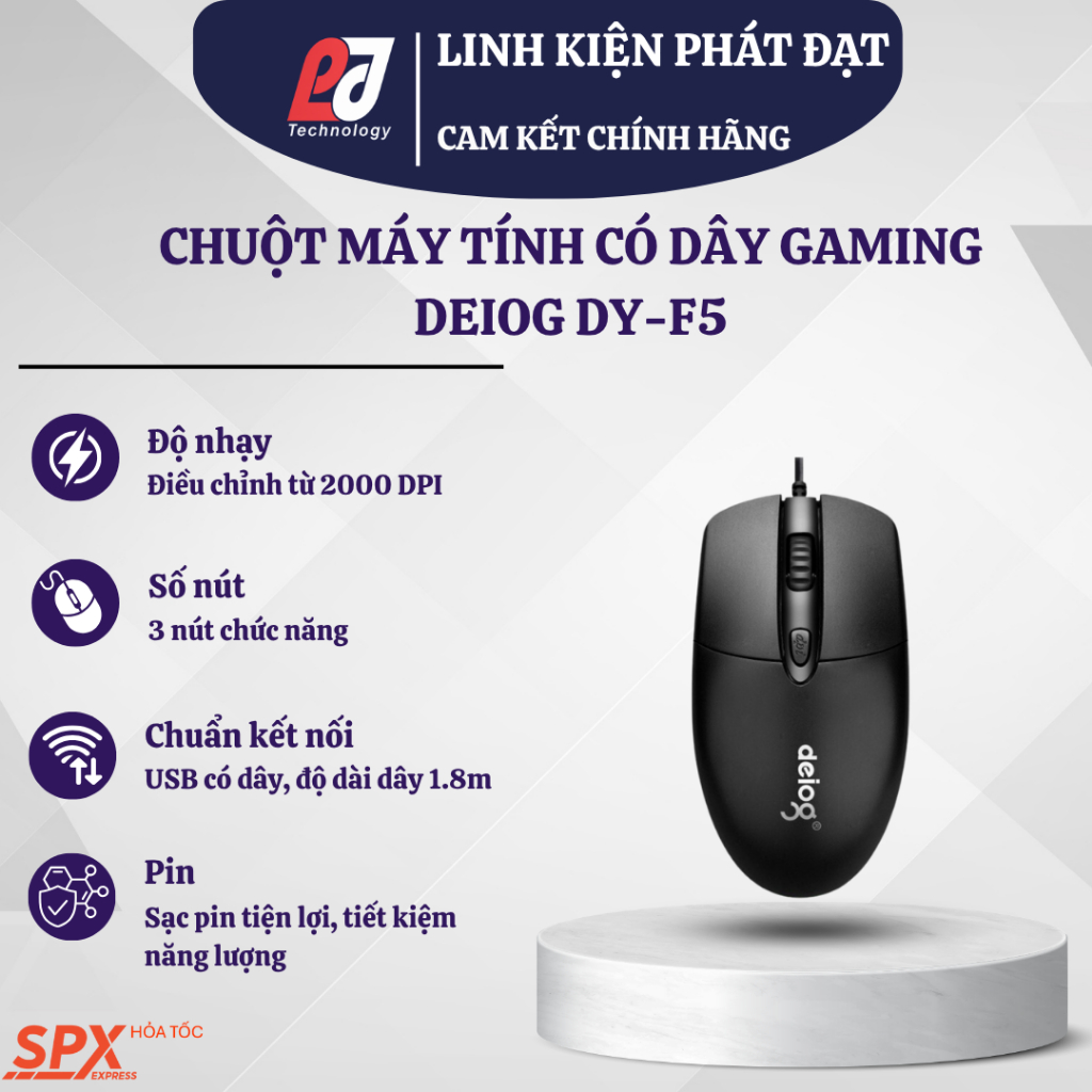 Chuột Có Dây Gaming DEIOG DY-F5 – LED RGB, Silent Click, DPI 2000, Công Thái Học, USB 1m8