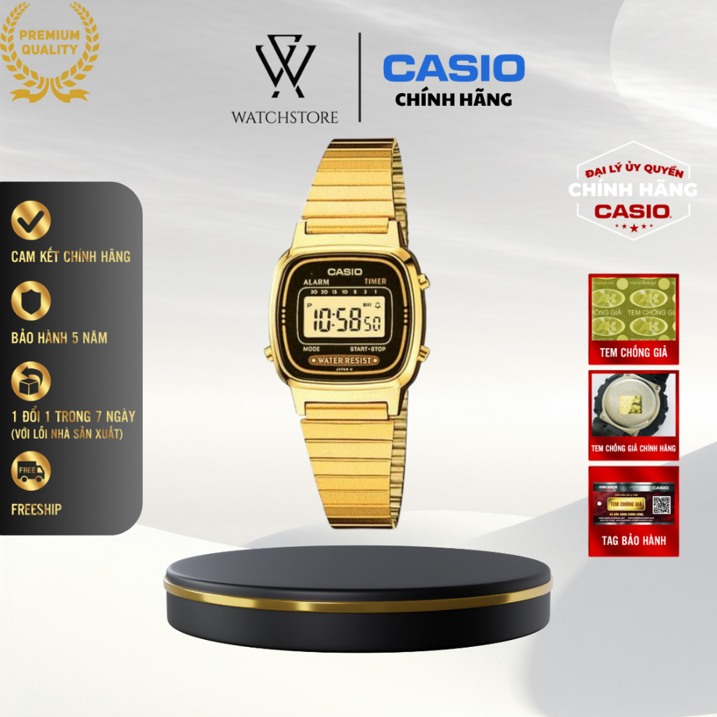 Đồng Hồ Điện Tử Nữ Casio LA670WGA-1DF Mặt Kính Nhựa 24.6mm Chống Nước Dây Kim Loại Không Gỉ Mạ Vàng 