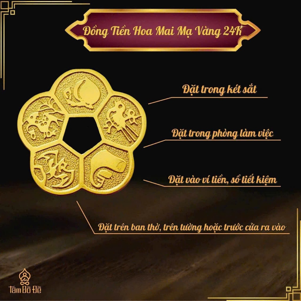 Đồng hoa mai mạ vàng 24K bỏ ví, bỏ két, mang lại may mắn tài lộc cho gia chủ 3 cỡ: 1.5cm,2.5cm,3.5cm