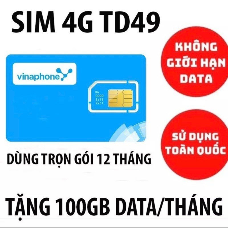Sim 4G vinaphone TD49 dùng cả năm không cần nạp - sim max data tốc độ cao 100Gb/tháng