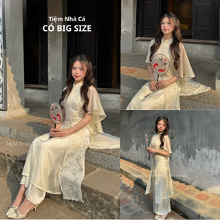 Áo dài tơ Nhã Linh dáng tứ thân tay tơ dạng áo choàng bồng bềnh Tiệm Nhà Cá