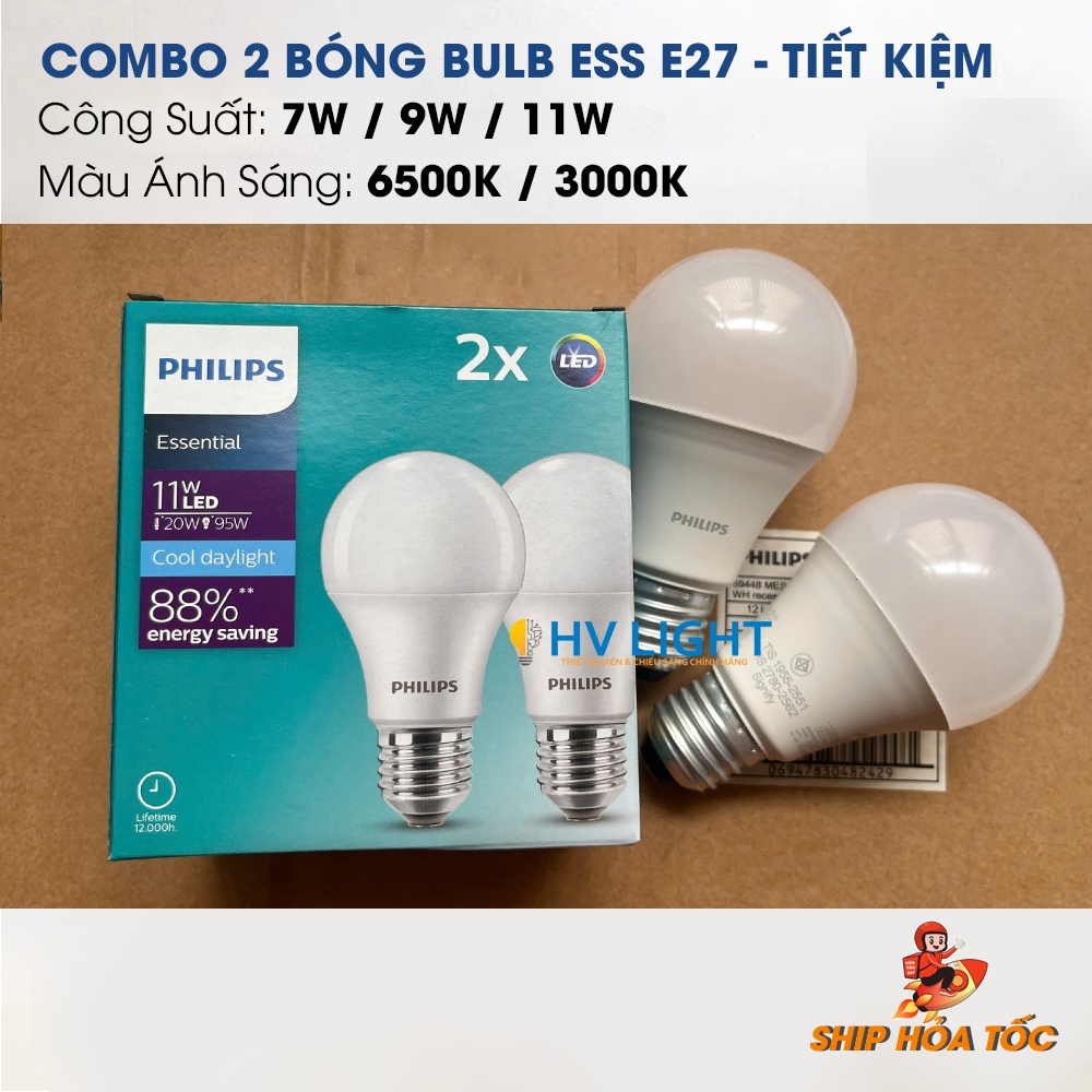 [HỎA TỐC HCM] Combo 2 Bóng đèn LED Bulb Philips Essential E27 A60 - Tiết kiệm năng lượng