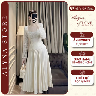 Set áo ren nữ tiểu thư cổ vuông dài tay kèm chân váy xếp ly dáng dài maxi bánh bèo đi tiệc cưới Hàn Quốc