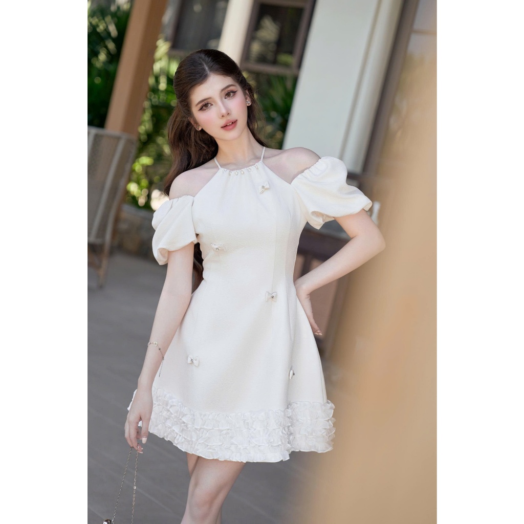 Váy TK cổ yếm chân dập hoa-VN04-T4-25váy tiểu thư xinh, váy xinh sang chảnh, váy đi dự tiệc đám cưới
