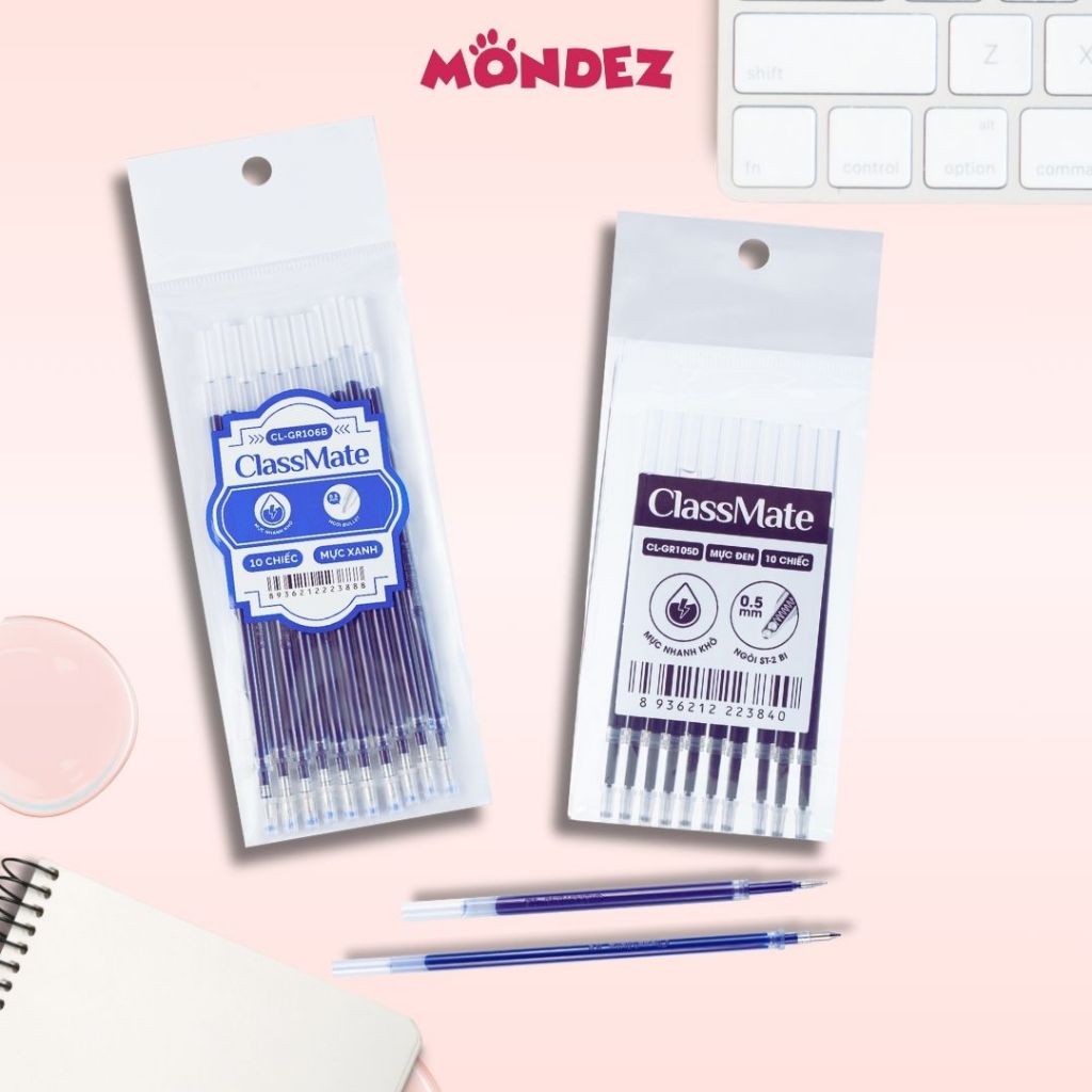 Set 10 Ruột Bút Gel 0.5mm Classmate, Mực Xanh Đen Đỏ Tím, Viết Siêu Êm, Mực Đều, Nhanh Khô