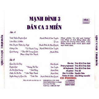 CD1015 Đĩa CD: DÂN CA 3 MIỀN  – MẠNH ĐÌNH 3 ASD0067 . NHẠC chất lượng cao. File gốc CLC