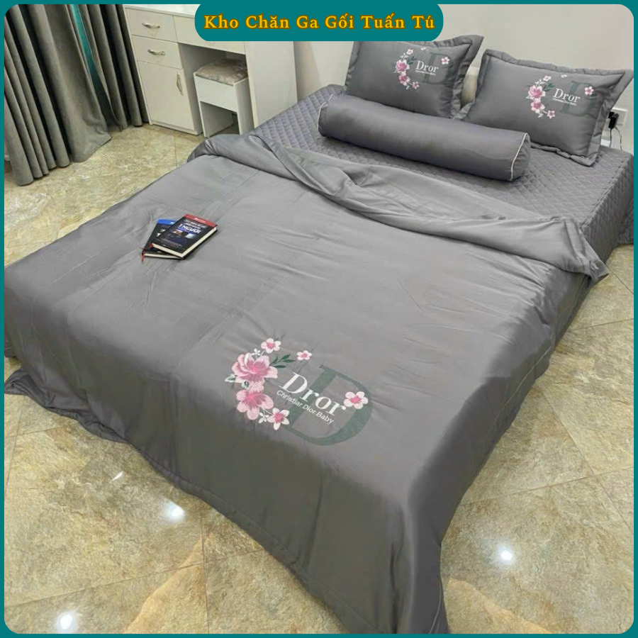 Bộ Chăn Ga Phi Lụa 5 Món Thêu Hoa Chất Phi Lụa Mềm Mịn Ga Phủ Trần Cao Cấp