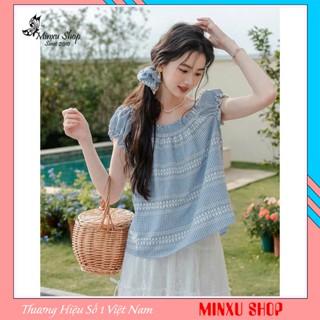 Áo Baby Doll Nữ Trễ Vai Kẻ Caro Kèm Dây Buộc Tóc Hàng QC Minxu Shop SOM45