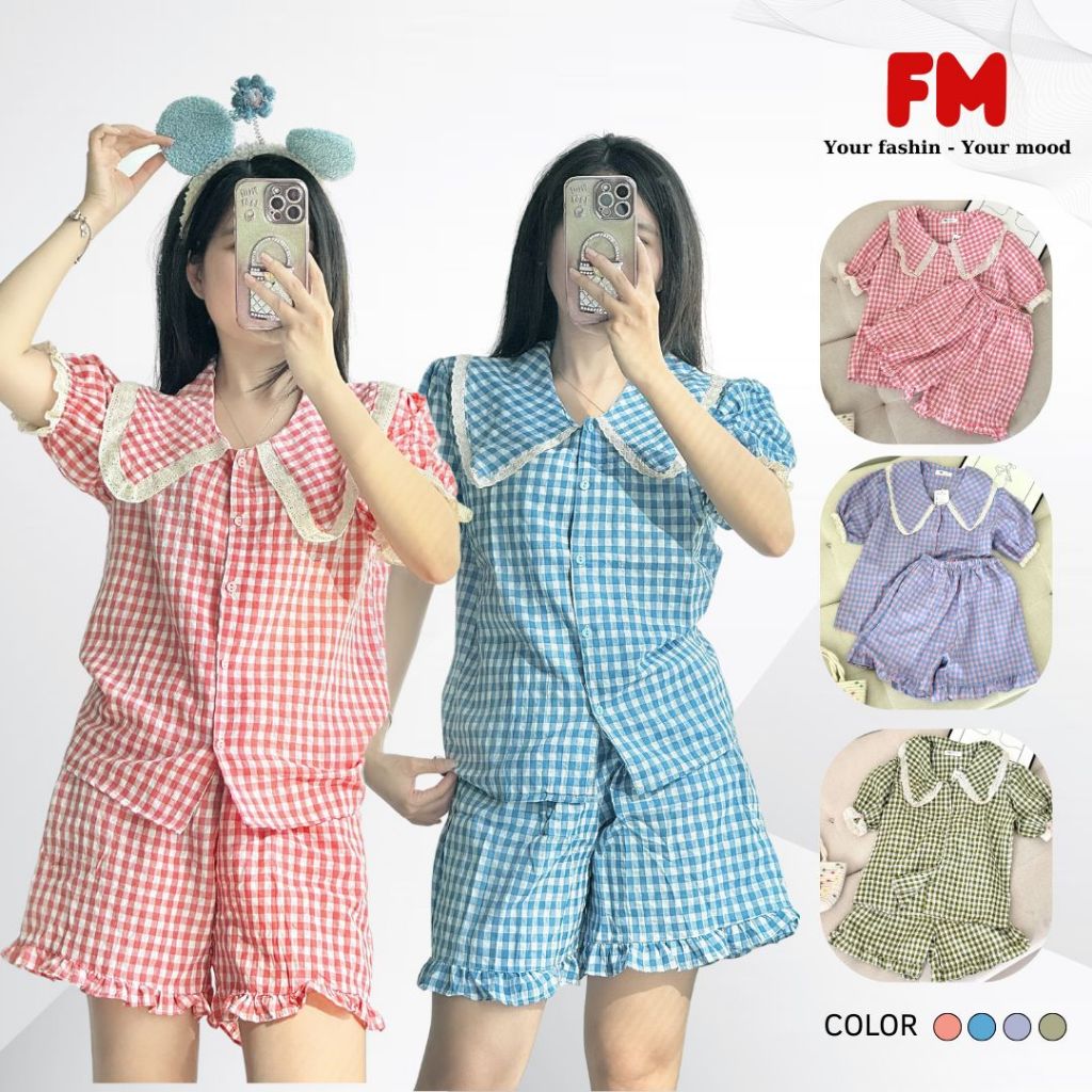 Đồ Bộ Ngắn Nữ FMSTYLE Quần đùi + Áo Tay ngắn viền ren caro chất đũi mang mát Freesize 25040243